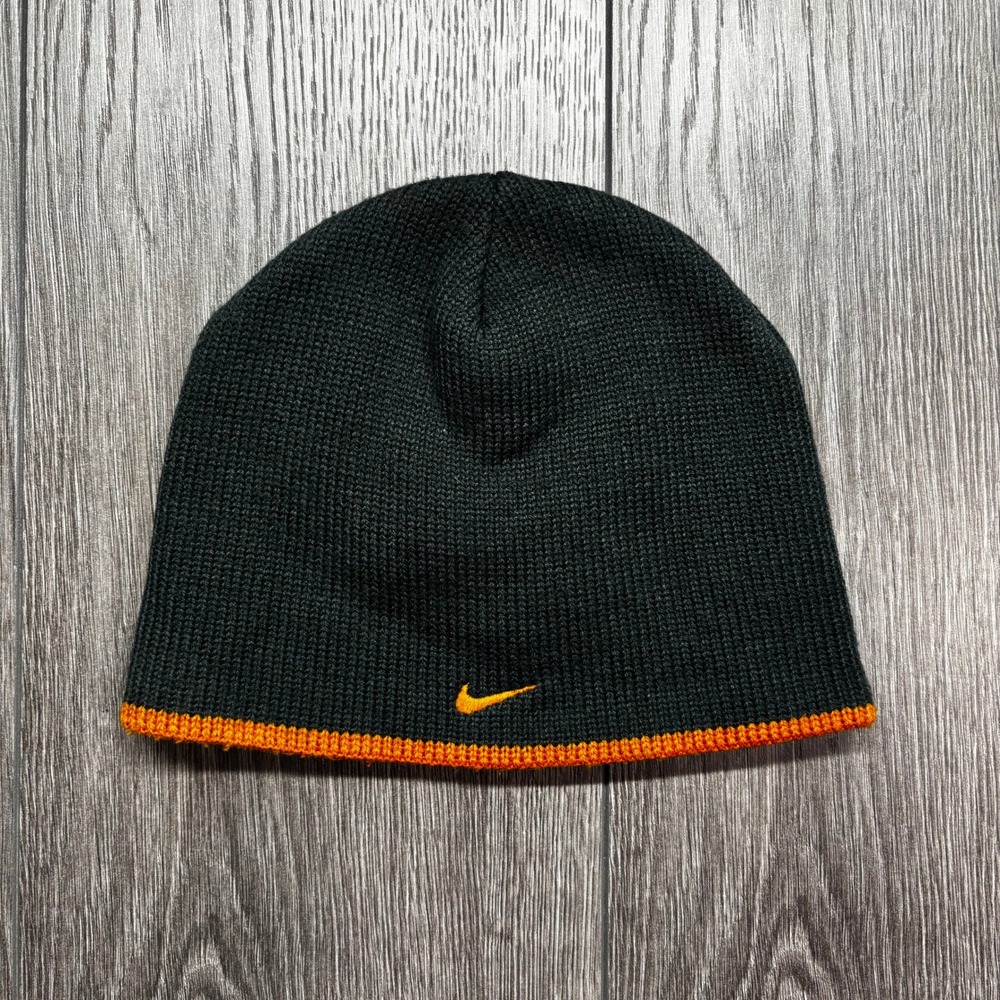 Vintage Nike Beanie Hat Black Orange Mini Swoosh Knit Skull Cap 90s Mens OS